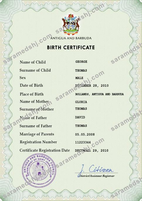 Antigua and Barbuda birth certificate PSD template